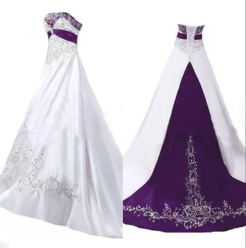 Vintage White and Purple A Line Wedding Dresses 2020 Strapless Satin Beaded Lace Embroidery Sweep Train Plus Size Wedding Gowns With Corset